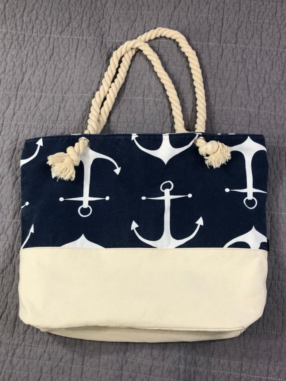 Nautical Tote Bag Large Blue Anchor Canvas Rope Zippered Beach Pool Ozchin